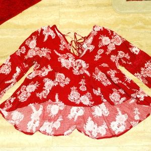 red floral cropped Vneck blouse